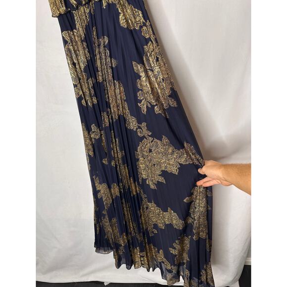 VTG Cache Maxi Dress Halter Blue Gold Foil Floral Printed Pleats Formal Gown 2 - Picture 8 of 9